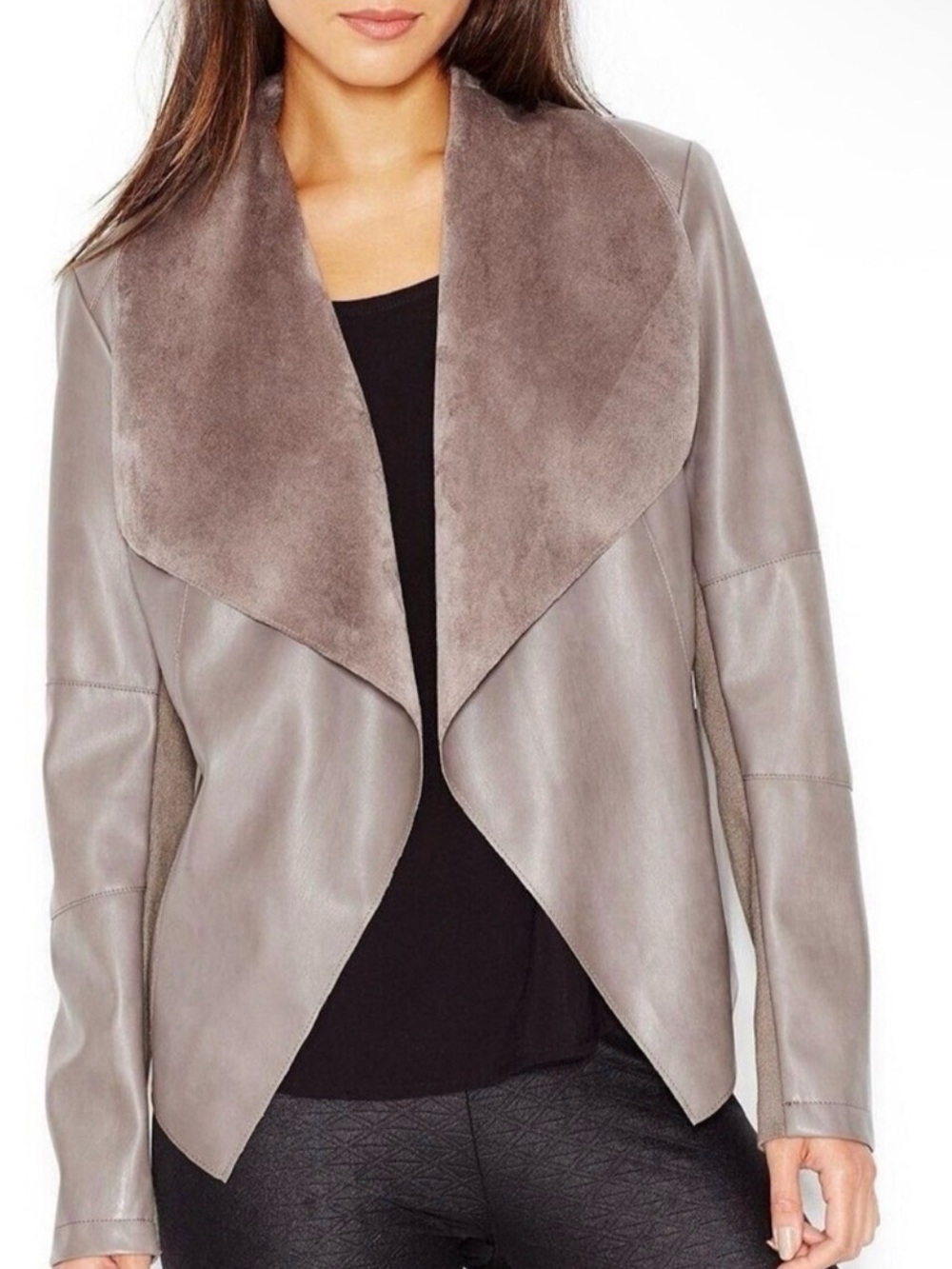 Bar III Taupe/Gray Fly Away, Open Front Faux Suede-Trim/Leather Jacket, SZ. L